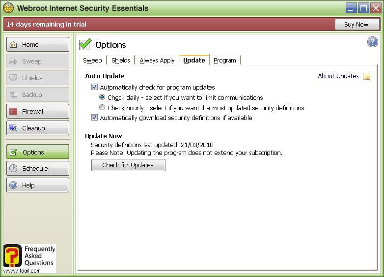 אפשרויות לשונית  עדכון Werboot Internet Security 