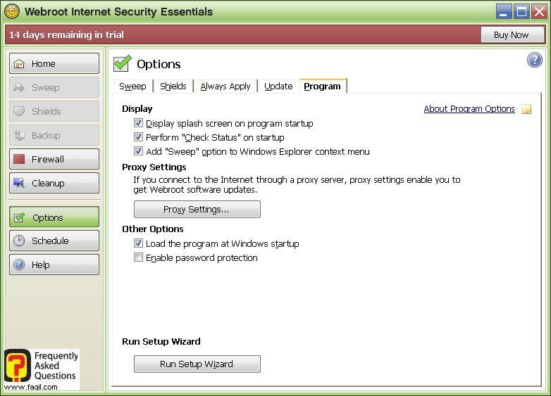 אפשרויות לשונית תוכנית -Werboot Internet Security 