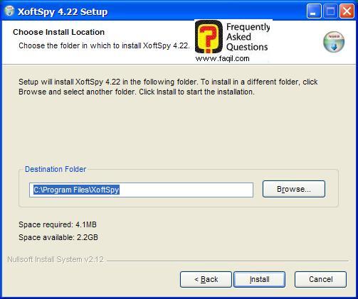 מסך מיקום היעד להתקנה,תוכנת XoftSpy 4.2