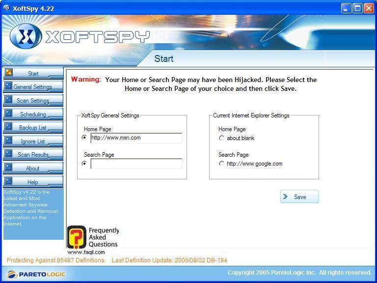מסך ראשי,תוכנת XoftSpy 4.2