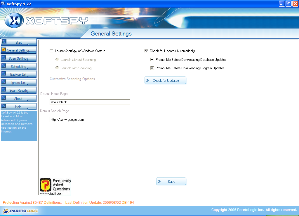 הגדרות כלליות,תוכנת XoftSpy 4.2