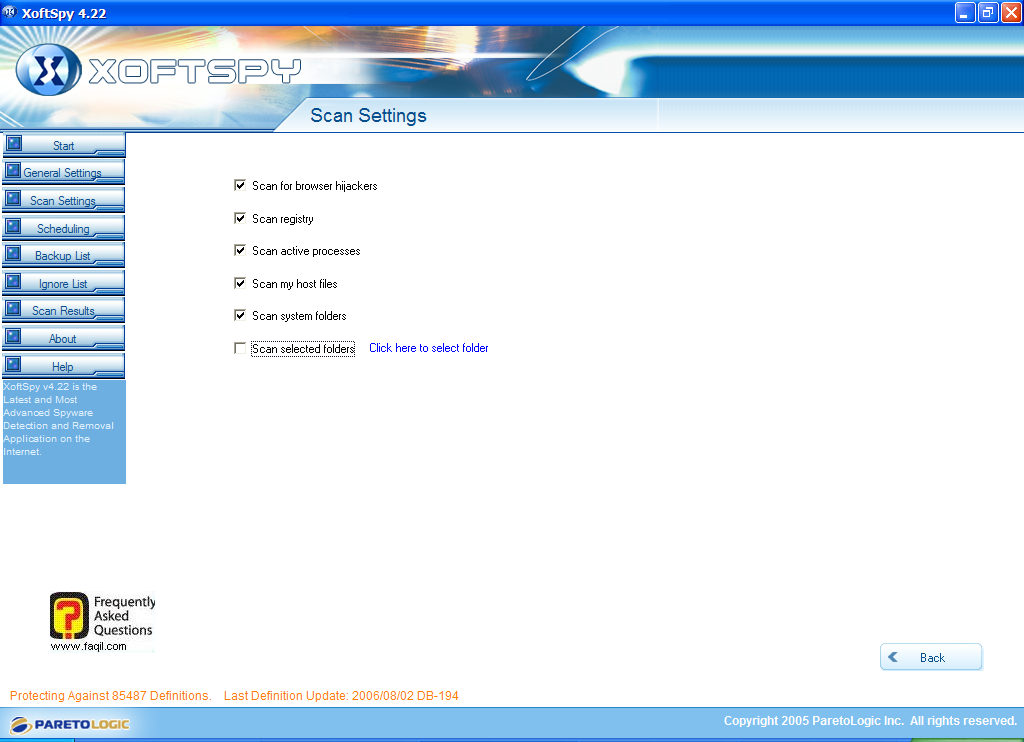 הגדרות סריקה,תוכנת XoftSpy 4.2