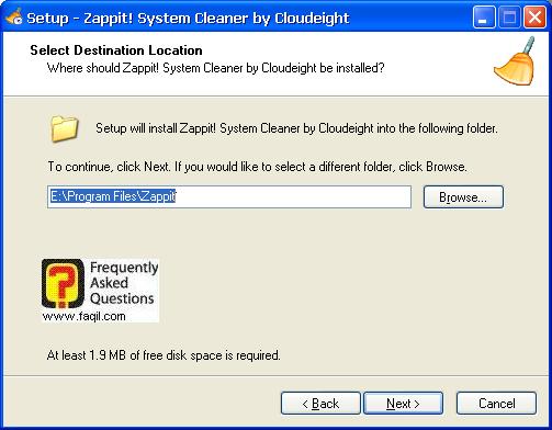 מסך מיקום היעד להתקנה,תוכנת Zappit  