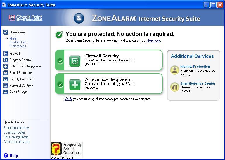 מסך  ראשי,מרכז האבטחה של צ'ק פוינט-ZoneAlarm Security Suite