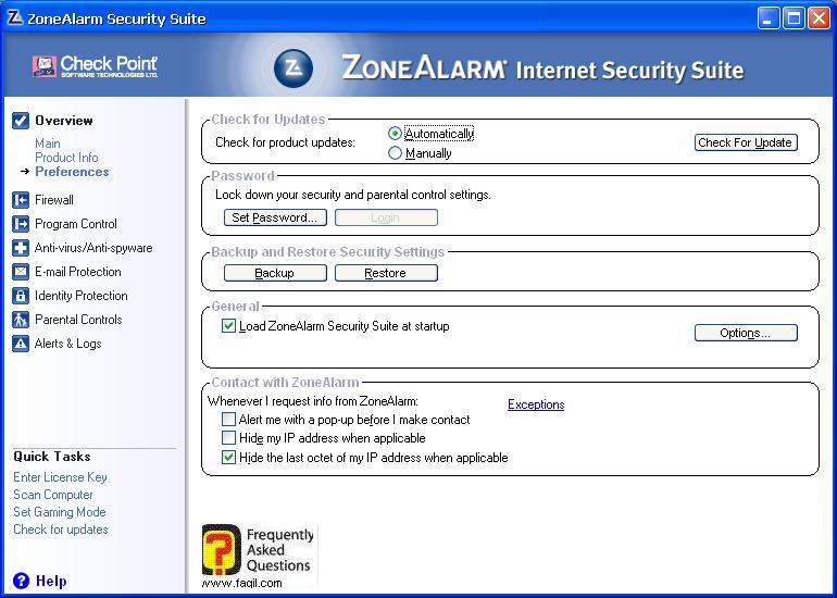 מסך העדפות,מרכז האבטחה של צ'ק פוינט-ZoneAlarm Security Suite