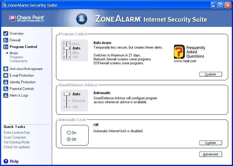 הגדרות   תוכנית מלאה,מרכז האבטחה של צ'ק פוינט-ZoneAlarm Security Suite