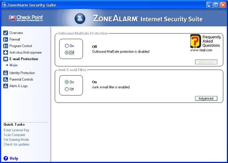 סריקת האימיילים,מרכז האבטחה של צ'ק פוינט-ZoneAlarm Security Suite