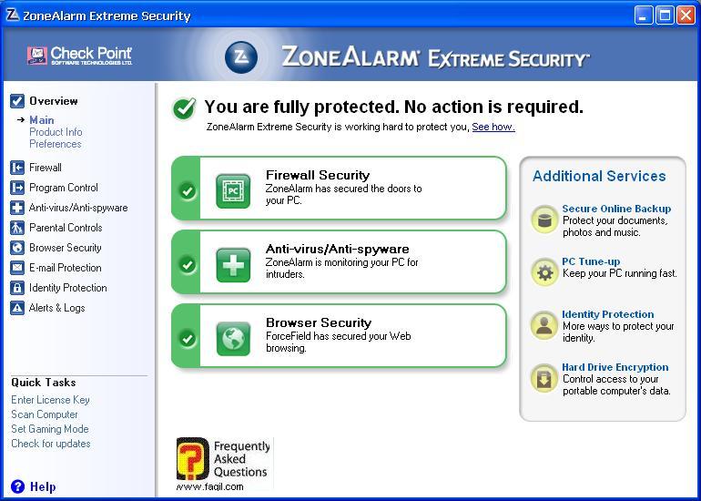 מסך ראשי, ZoneAlarm Extreme Security-חומת אש ואנטיוירוס