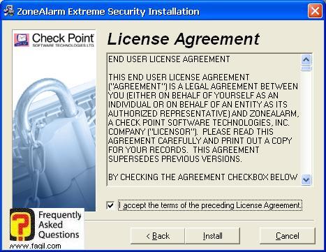 הסכם הרישיון להתקנה,2010 ZoneAlarm Extreme Security-חומת אש ואנטיוירוס